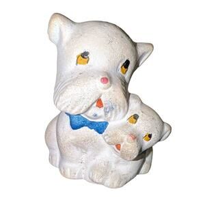 Vintage 1950 Ceramic White Dog and Puppy with Blue Bowtie Figurine 2.5 in Tall
